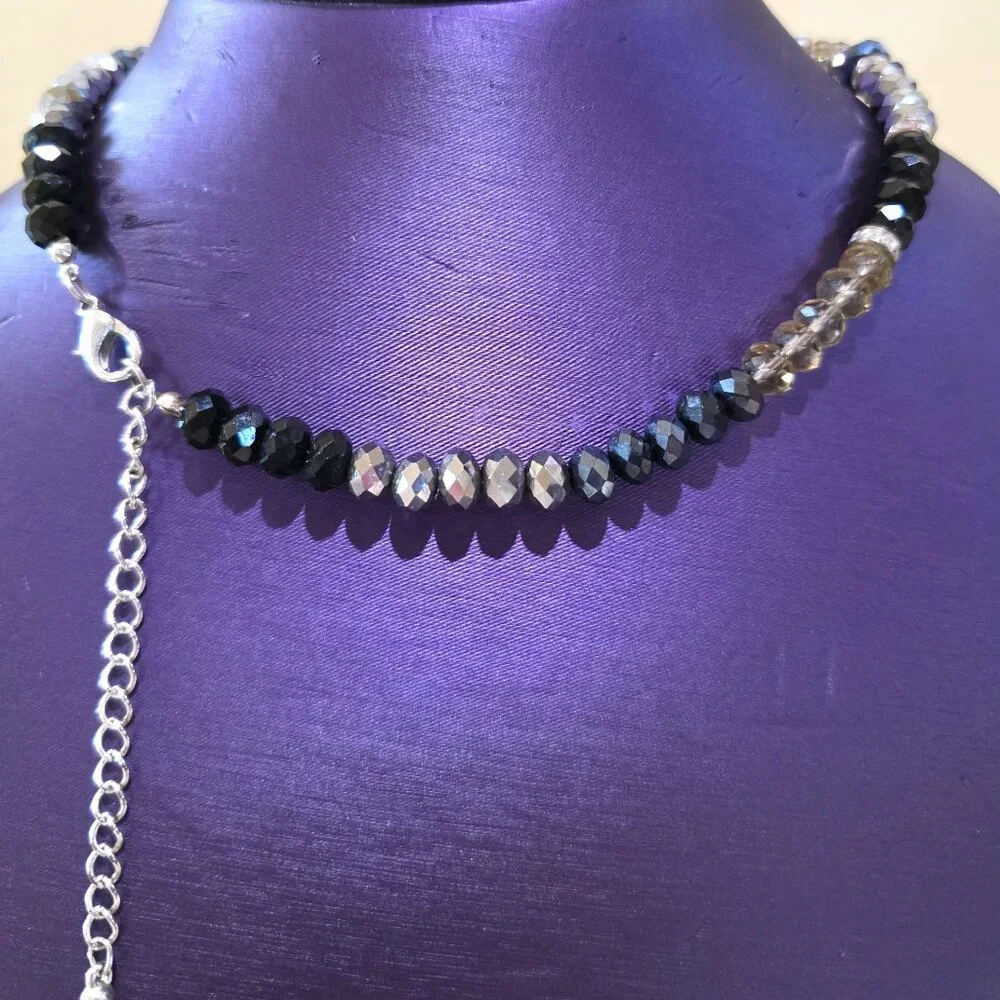 Vintage Black Gray Silver Monochrome Crystal Faceted Bead Rhinestone Necklace
